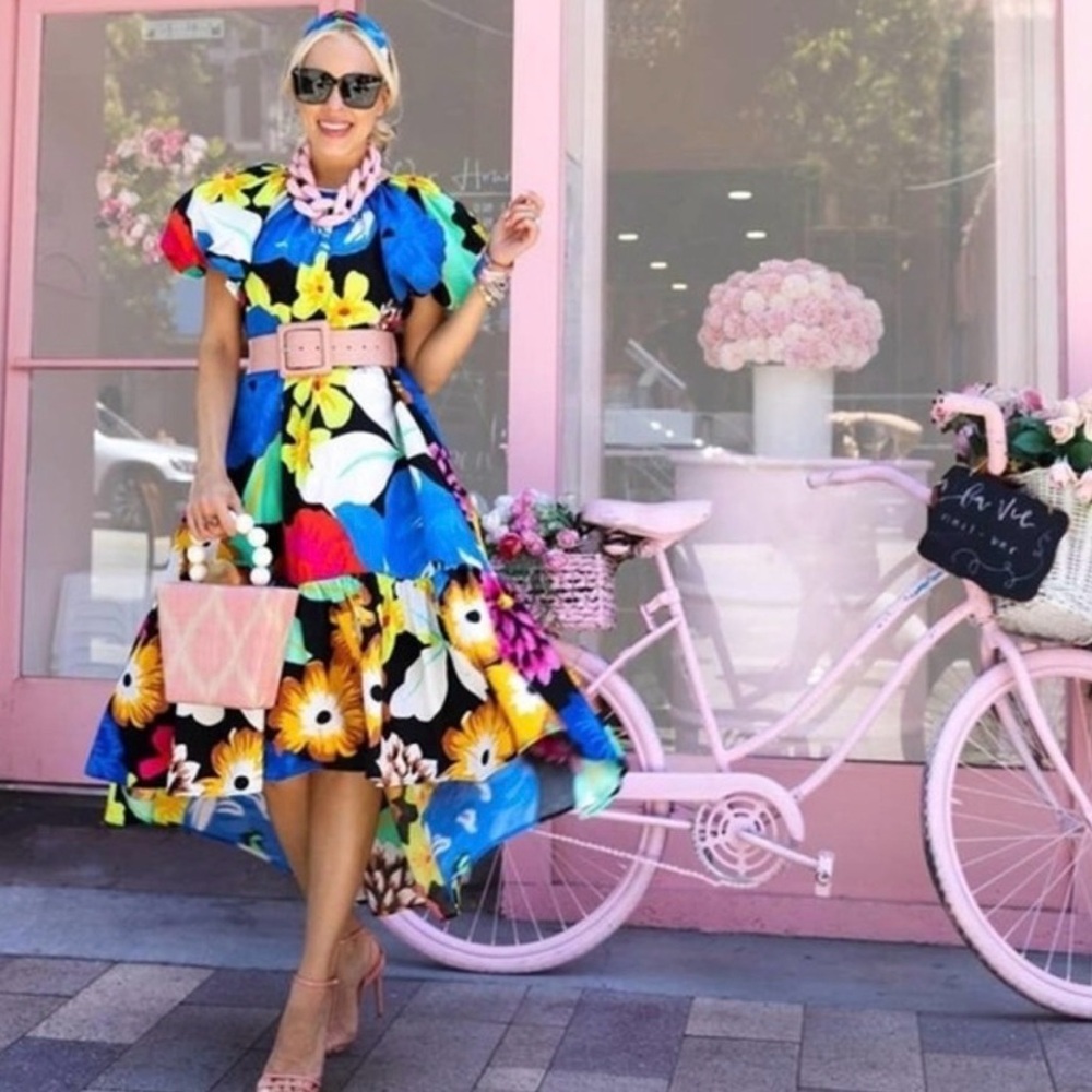 Christopher John Rogers Multicolor Floral High-Low Puff Sleeve Dress